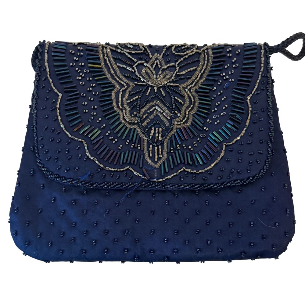 Vintage Hand Beaded Evening Bag Womens Small Navy Satin Regale Ltd Boho Chic